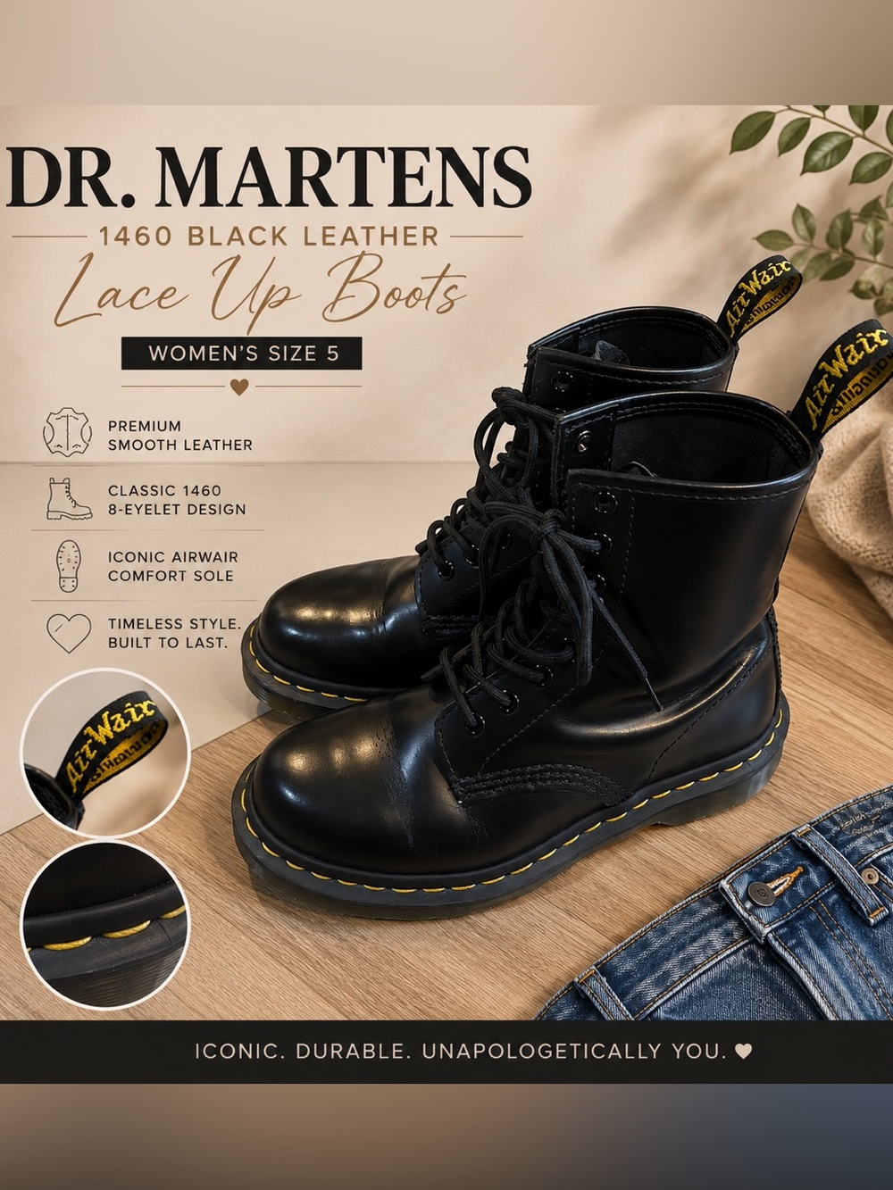 Dr. Martens 1460 Black Leather Lace Up Boots Women’s 5
